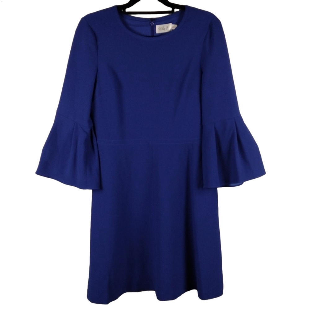 Eliza J Blue Round Neckline 3/4 Flare Sleeve Zip Back Knee Length Sheath Dress